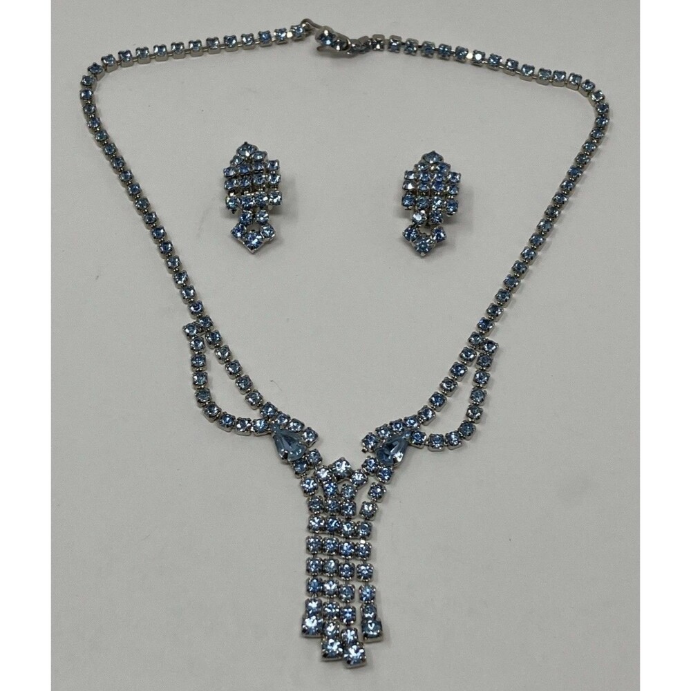 Vintage Blue Prong Rhinestone Necklace Hook Clasp Clip On Earrings Set